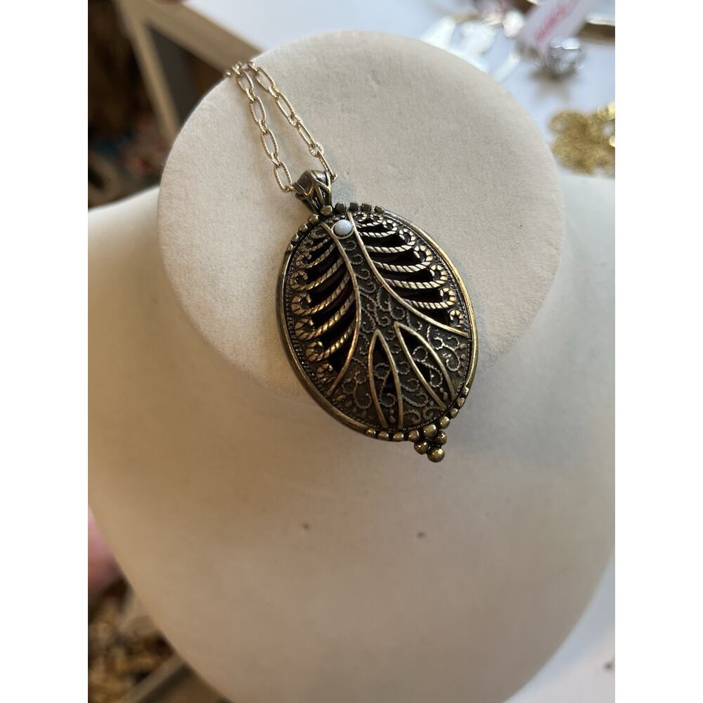 Vintage Antique Bronze Reversible Medallion Necklace Long Flower Domed Cage 40” - Picture 9 of 12